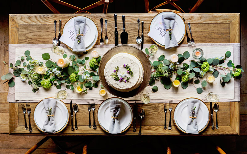 overhead view of farm table set up