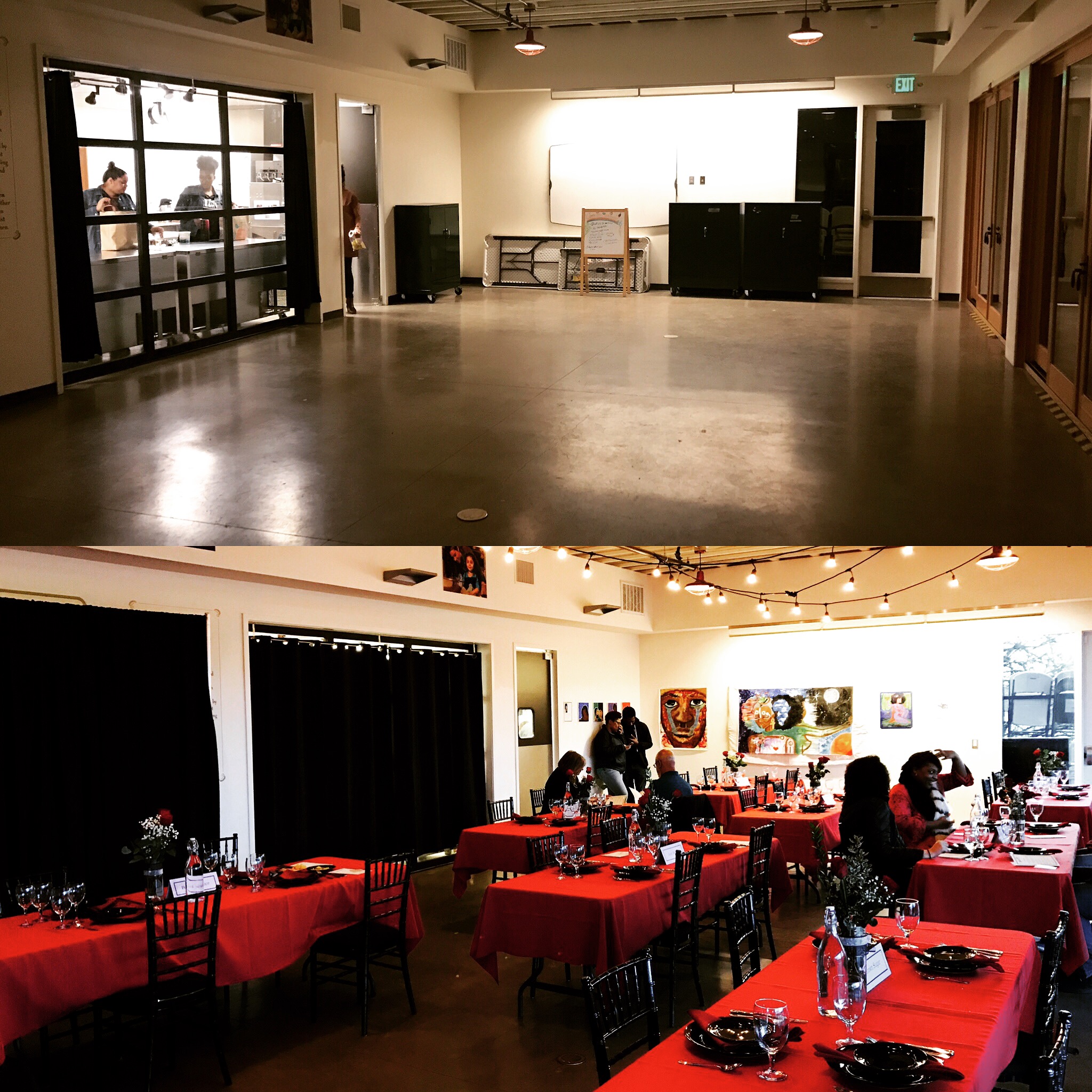 Empty room + set up room comparison for Valentine's Cooking Class & Dinner