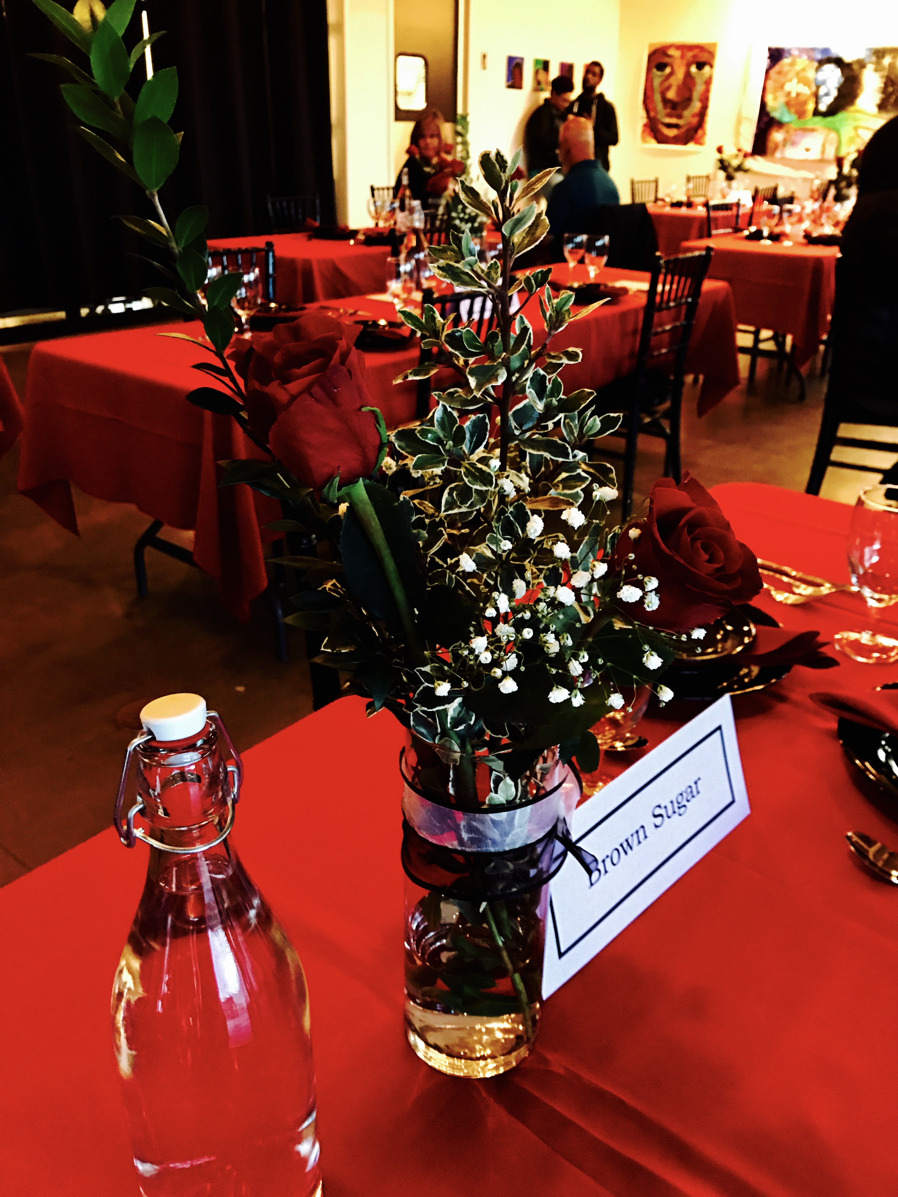 Red rose centerpiece at Valentine's Cooking Class & Dinner