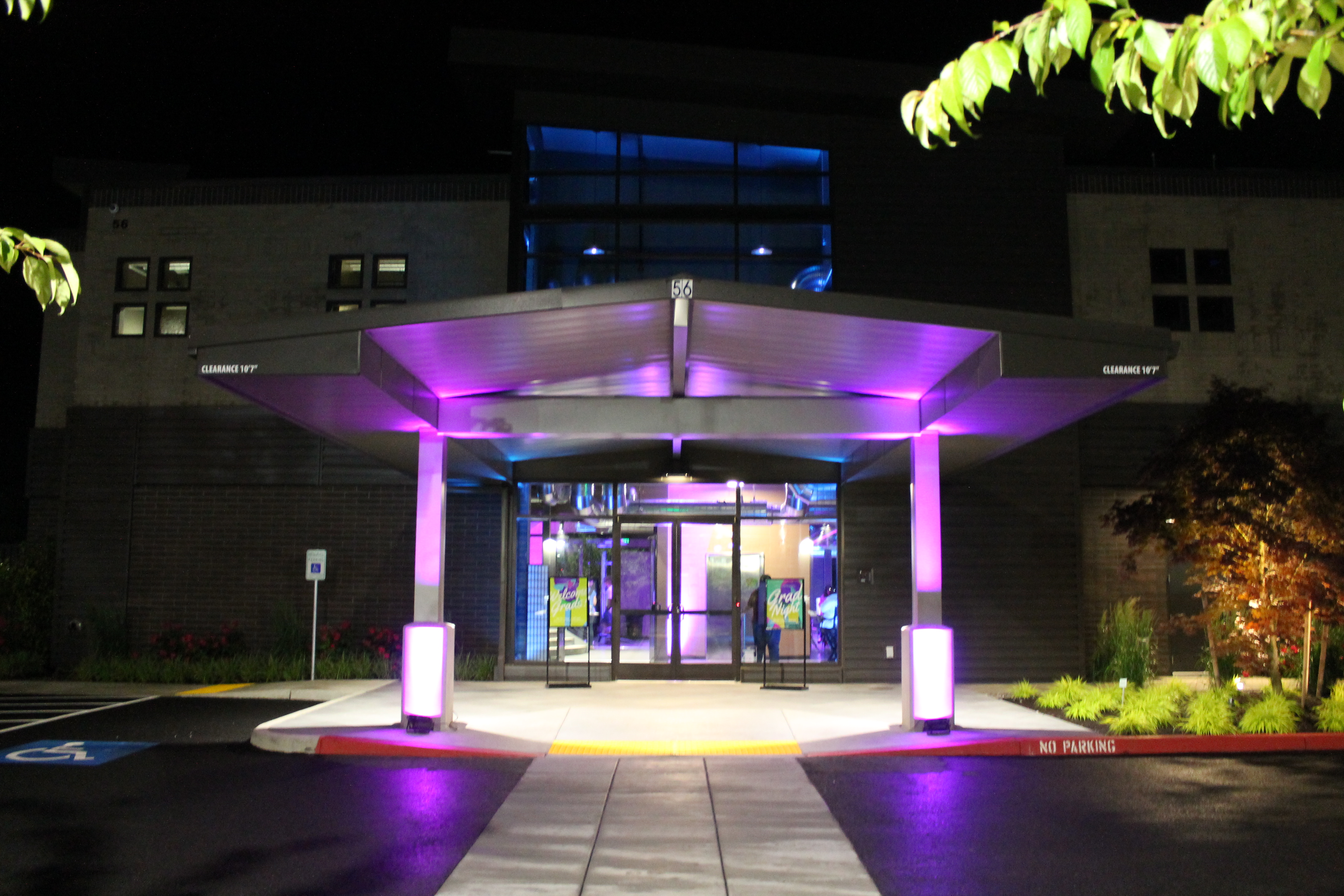 entrance to building with purple lights