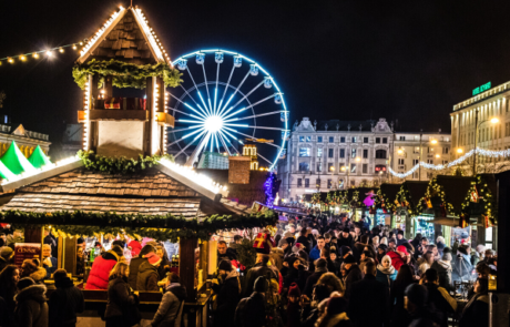 Outdoor holiday event with a Ferris wheel