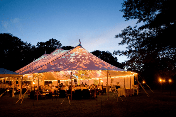 White event tent with lights