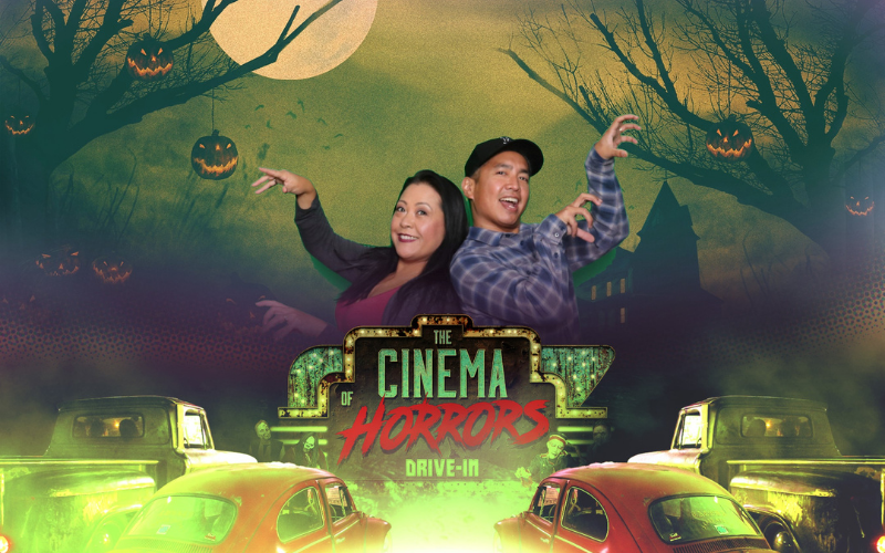 couple using photo booth at Cinema of Horrors